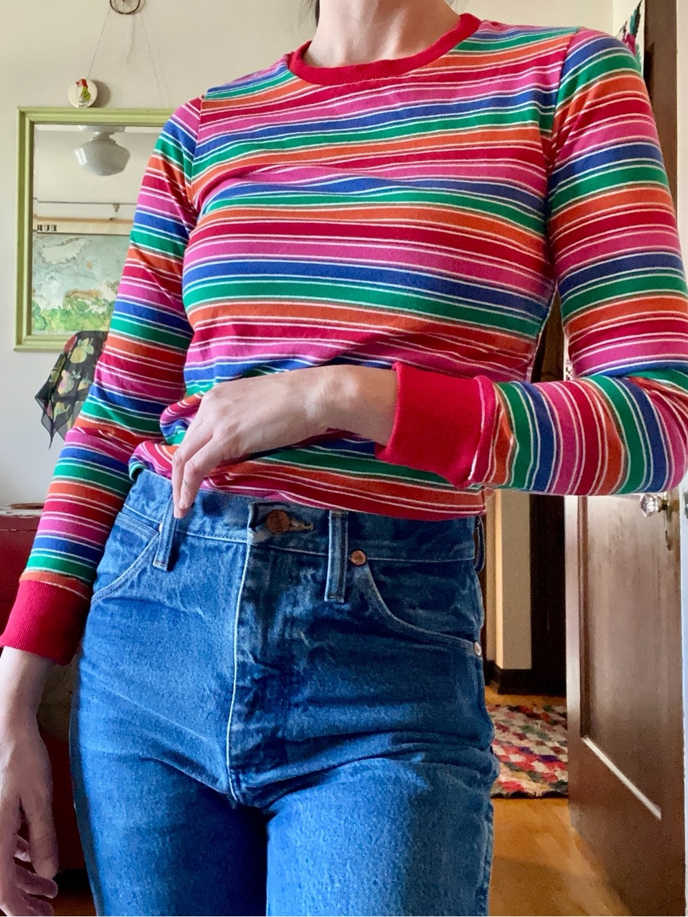 Striped Vintage Multicolor Long-Sleeve Tee - Red Trim